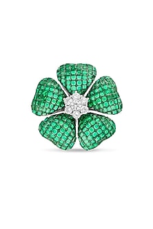 White Rhodium Finish Emerald Spinel Stone Floral Brooch In Sterling Silver