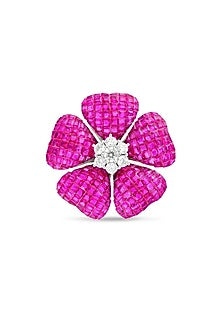White Rhodium Finish Ruby Spinel Stone Floral Brooch In Sterling Silver