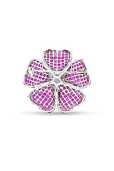 White Rhodium Finish Ruby Spinel Stone Floral Brooch In Sterling Silver