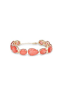 Gold Finish Coral Orange Natural Stone Adjustable Tennis Bracelet In Sterling Silver