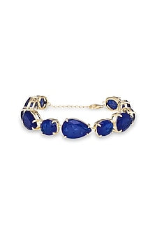 Gold Finish Dark Blue Natural Stone Adjustable Tennis Bracelet In Sterling Silver