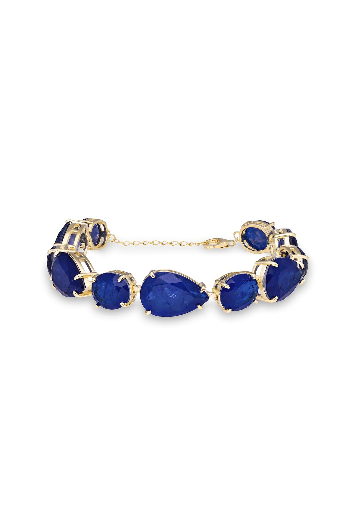 Gold Finish Dark Blue Natural Stone Adjustable Tennis Bracelet In Sterling Silver