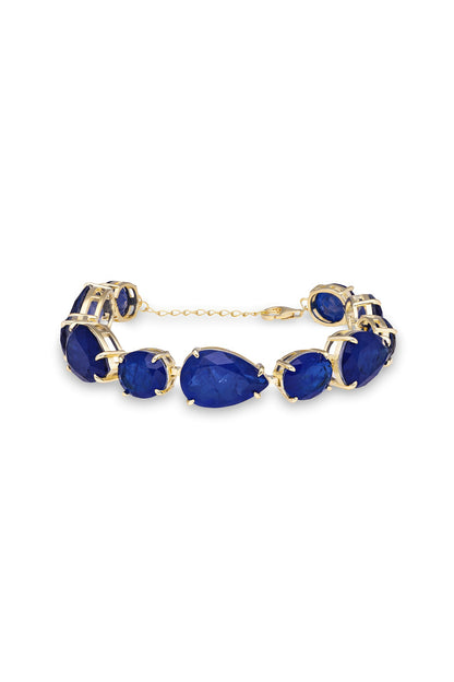 Gold Finish Dark Blue Natural Stone Adjustable Tennis Bracelet In Sterling Silver