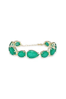 Gold Finish Emerald Green Natural Stone Adjustable Tennis Bracelet In Sterling Silver