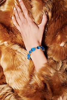 Gold Finish Azure Blue Natural Stone Adjustable Tennis Bracelet In Sterling Silver