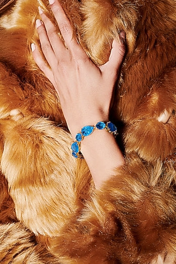 Gold Finish Azure Blue Natural Stone Adjustable Tennis Bracelet In Sterling Silver