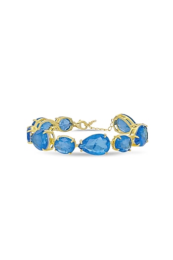 Gold Finish Azure Blue Natural Stone Adjustable Tennis Bracelet In Sterling Silver