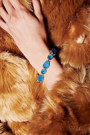 Gold Finish Azure Blue Natural Stone Adjustable Tennis Bracelet In Sterling Silver