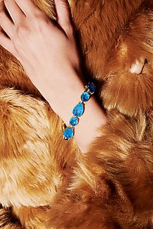 Gold Finish Azure Blue Natural Stone Adjustable Tennis Bracelet In Sterling Silver