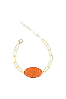 Gold Finish Orange Natural Stone Adjustable Tennis Bracelet In Sterling Silver