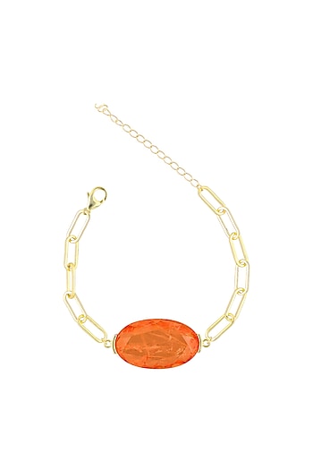 Gold Finish Orange Natural Stone Adjustable Tennis Bracelet In Sterling Silver