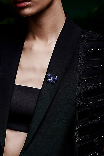 White Rhodium Finish Sapphire Spinel Stone Butterfly Brooch In Sterling Silver