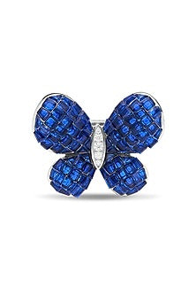White Rhodium Finish Sapphire Spinel Stone Butterfly Brooch In Sterling Silver