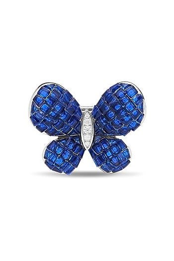 White Rhodium Finish Sapphire Spinel Stone Butterfly Brooch In Sterling Silver