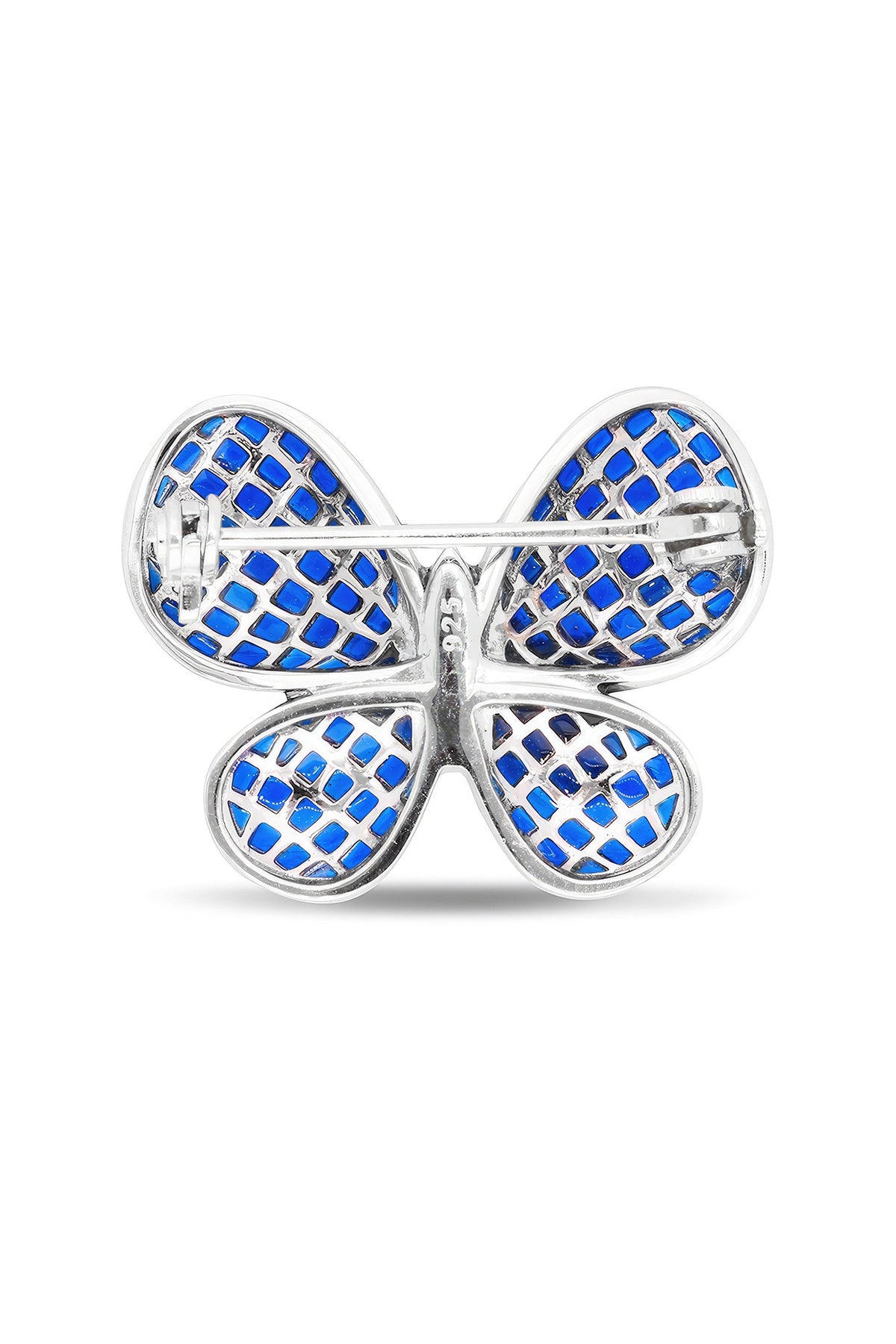 White Rhodium Finish Sapphire Spinel Stone Butterfly Brooch In Sterling Silver