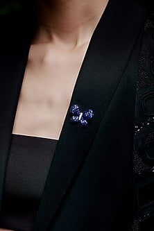 White Rhodium Finish Sapphire Spinel Stone Butterfly Brooch In Sterling Silver