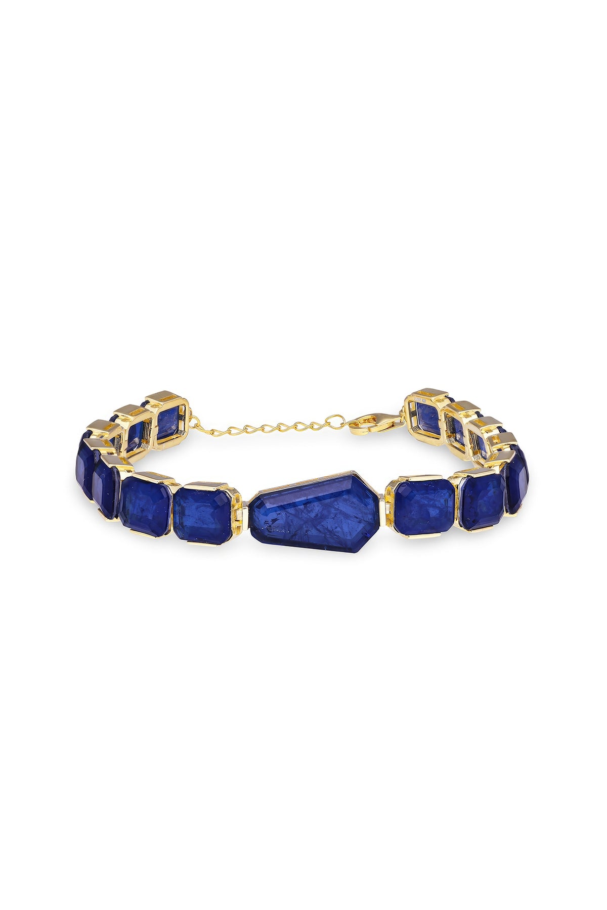 Gold Finish Sky Blue Natural Stone Adjustable Tennis Bracelet In Sterling Silver