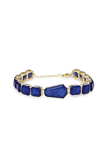 Gold Finish Sky Blue Natural Stone Adjustable Tennis Bracelet In Sterling Silver