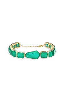 Gold Finish Emerald Green Natural Stone Adjustable Tennis Bracelet In Sterling Silver