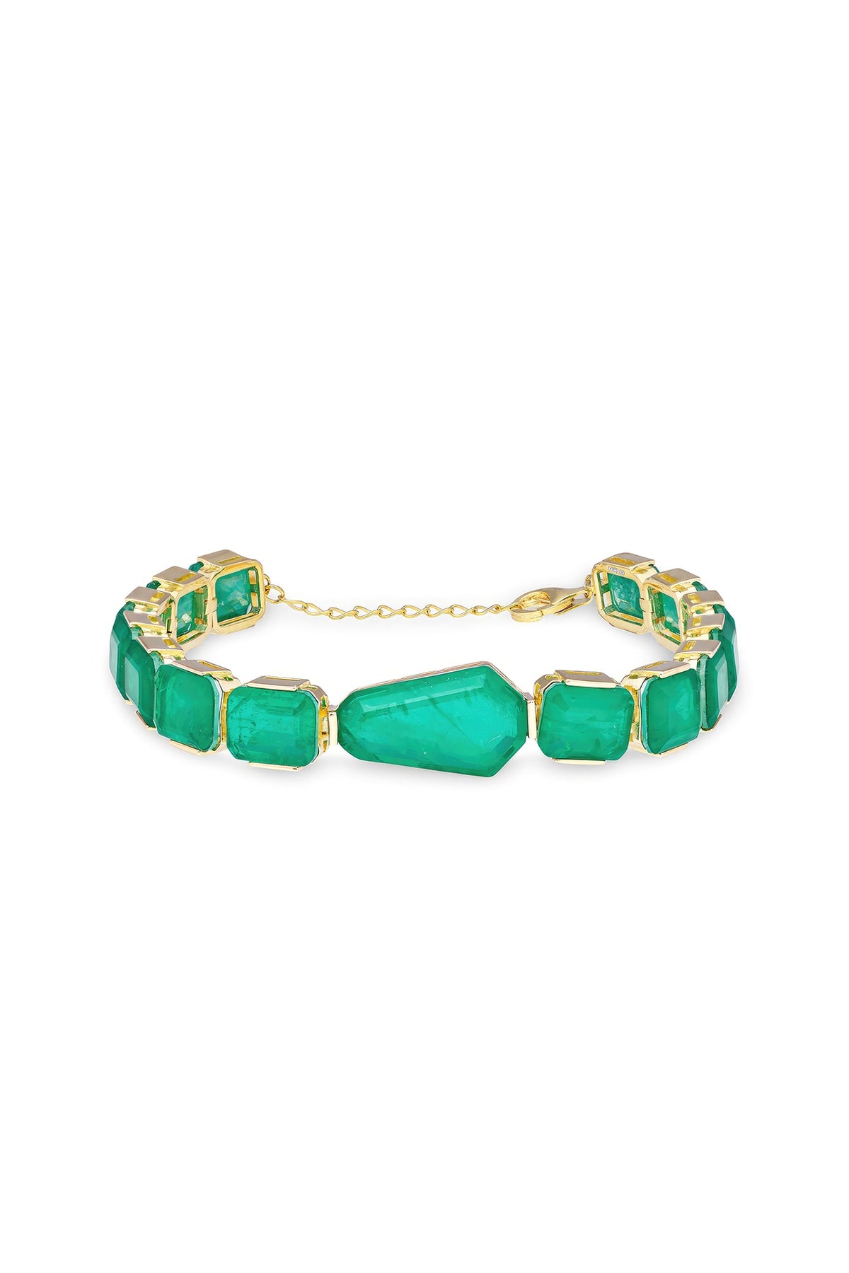 Gold Finish Emerald Green Natural Stone Adjustable Tennis Bracelet In Sterling Silver