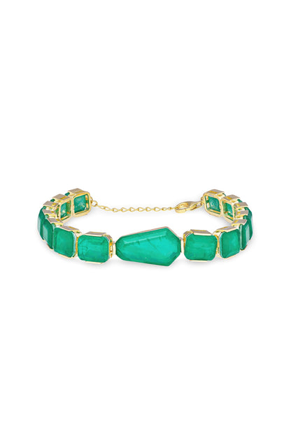 Gold Finish Emerald Green Natural Stone Adjustable Tennis Bracelet In Sterling Silver