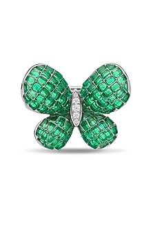 White Rhodium Finish Emerald Spinel Stone Butterfly Brooch In Sterling Silver