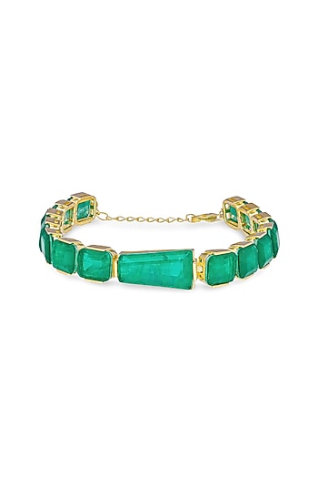 Gold Finish Emerald Green Moonstone Adjustable Tennis Bracelet In Sterling Silver
