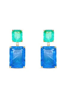 Gold Finish Dark Blue & Aquamarine Green Natural Stone Dangler Earrings In Sterling Silver