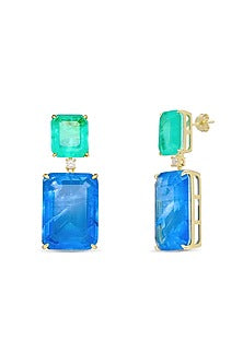 Gold Finish Dark Blue & Aquamarine Green Natural Stone Dangler Earrings In Sterling Silver