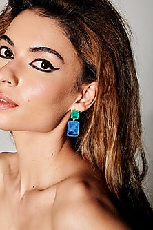 Gold Finish Dark Blue & Aquamarine Green Natural Stone Dangler Earrings In Sterling Silver