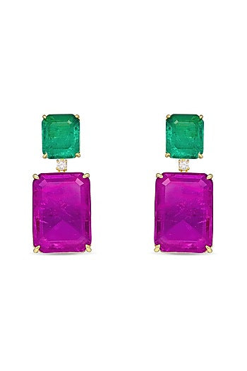 Gold Finish Emerald Green & Purple Natural Stone Dangler Earrings In Sterling Silver