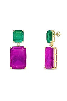 Gold Finish Emerald Green & Purple Natural Stone Dangler Earrings In Sterling Silver