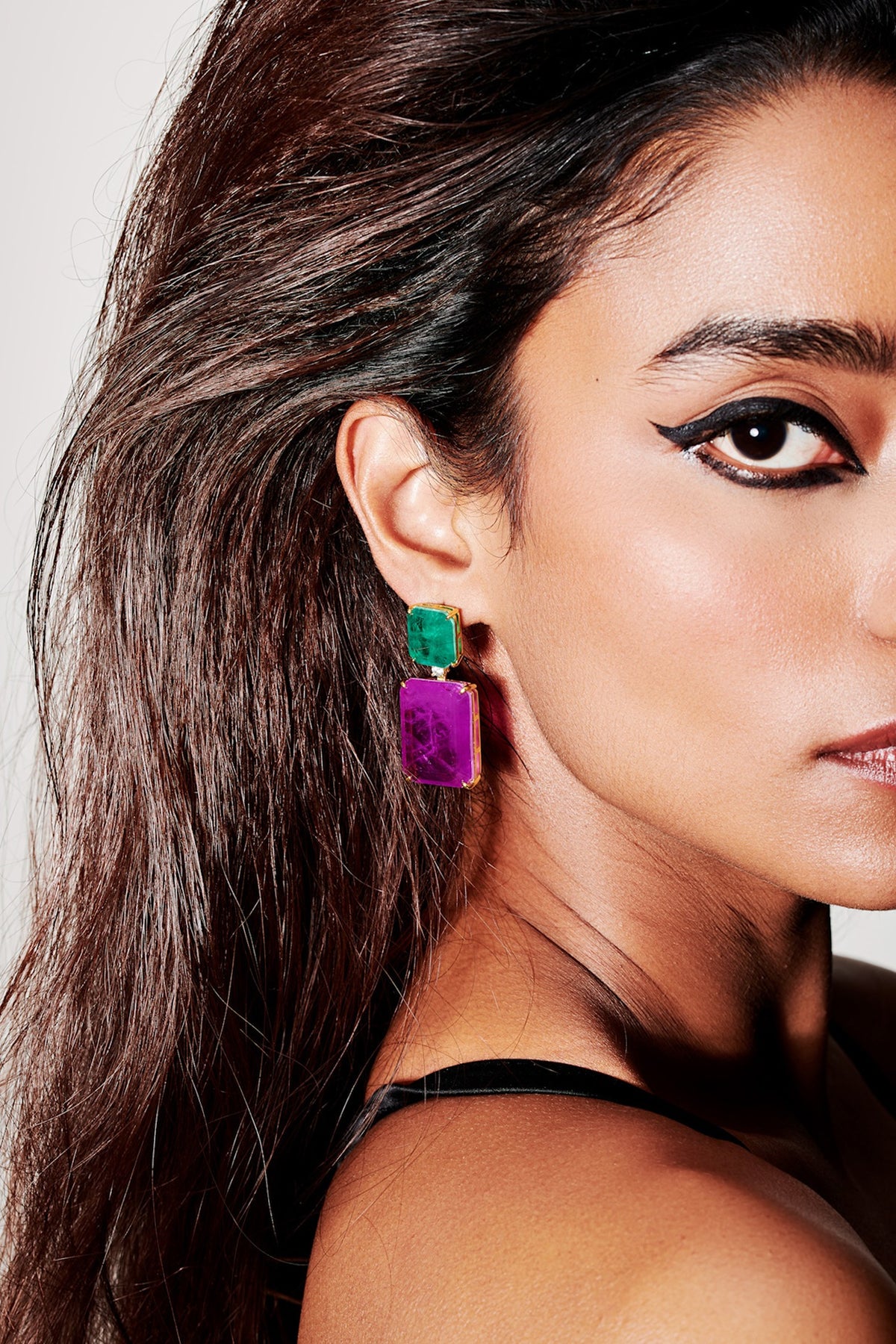Gold Finish Emerald Green & Purple Natural Stone Dangler Earrings In Sterling Silver