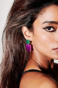 Gold Finish Emerald Green & Purple Natural Stone Dangler Earrings In Sterling Silver