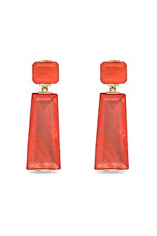 Gold Finish Coral Orange Moon Stone Dangler Earrings In Sterling Silver