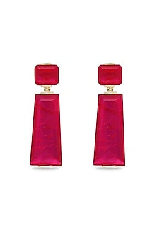 Gold Finish Deep Pink Moon Stone Dangler Earrings In Sterling Silver