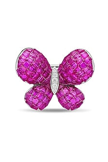 White Rhodium Finish Ruby Spinel Stone Butterfly Brooch In Sterling Silver