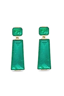 Gold Finish Emerald Green Moon Stone Dangler Earrings In Sterling Silver