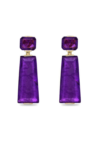Gold Finish Purple Moon Stone Dangler Earrings In Sterling Silver