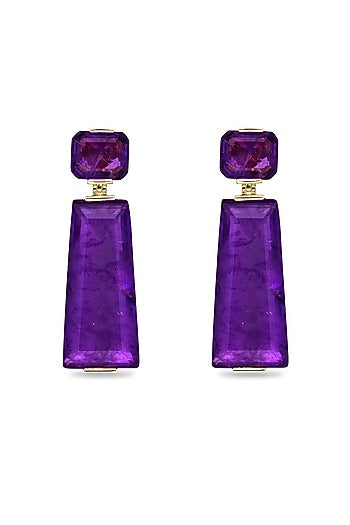 Gold Finish Purple Moon Stone Dangler Earrings In Sterling Silver