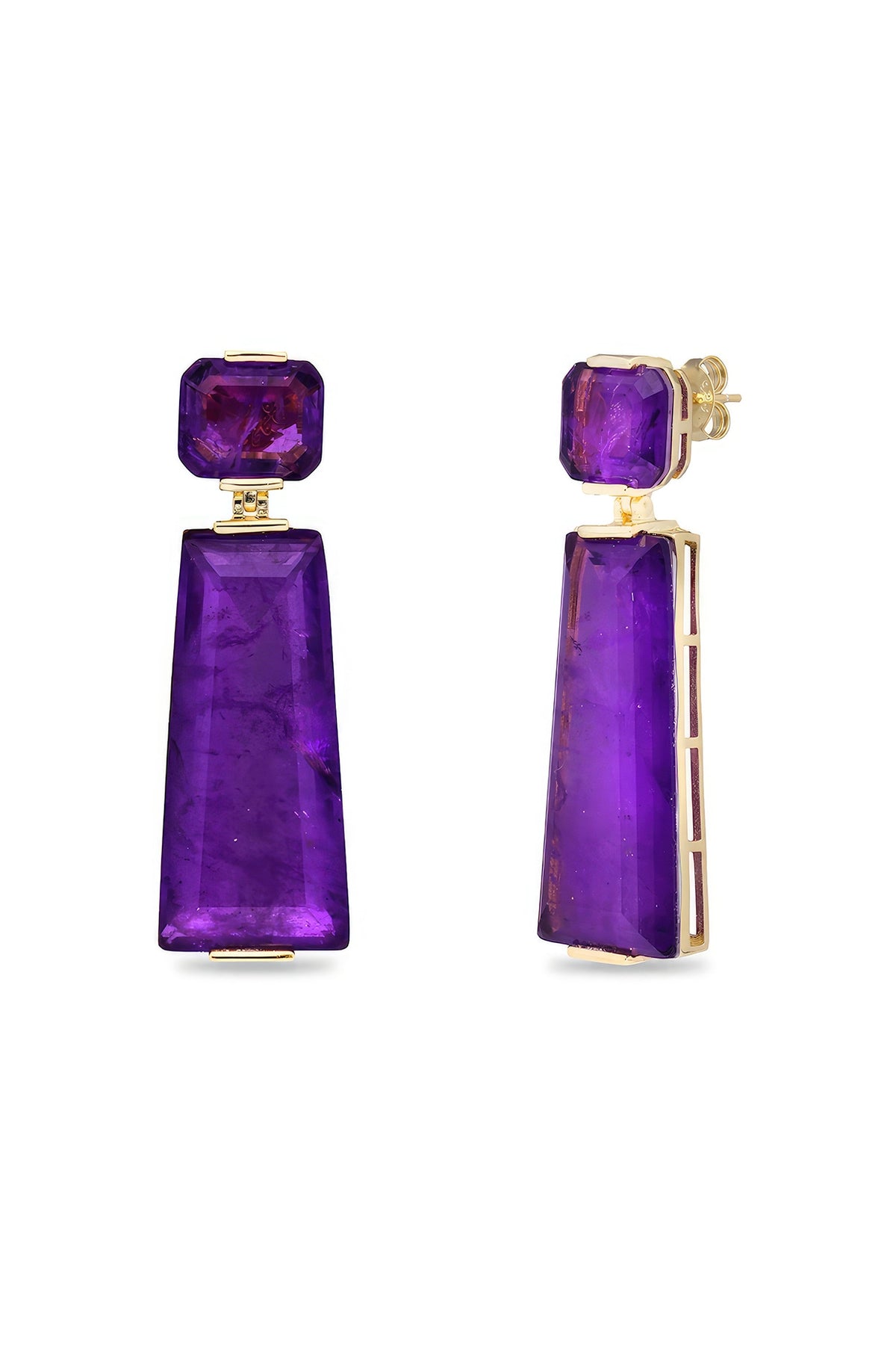 Gold Finish Purple Moon Stone Dangler Earrings In Sterling Silver