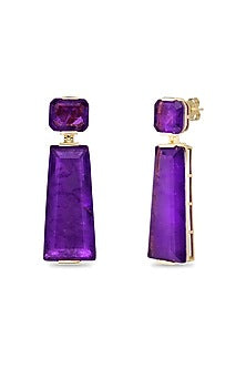 Gold Finish Purple Moon Stone Dangler Earrings In Sterling Silver