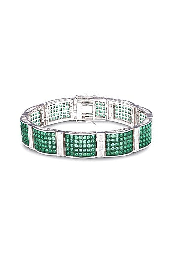 White Rhodium Finish Emerald Spinel Stone Cuff Bracelet In Sterling Silver