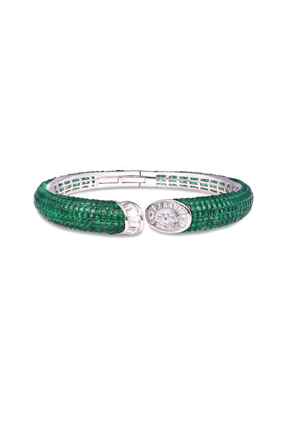White Rhodium Finish Emerald Spinel Stone Cuff Bracelet In Sterling Silver