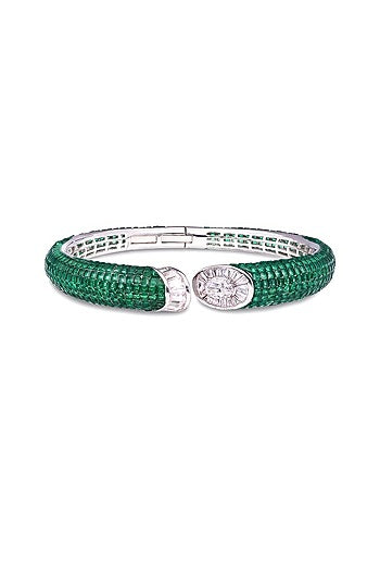 White Rhodium Finish Emerald Spinel Stone Cuff Bracelet In Sterling Silver