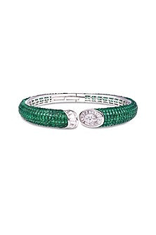 White Rhodium Finish Emerald Spinel Stone Cuff Bracelet In Sterling Silver