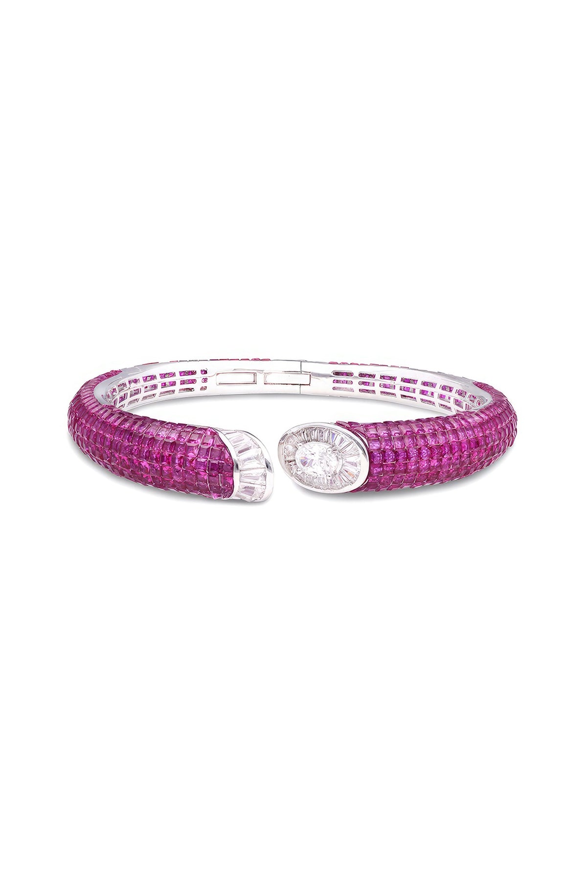 White Rhodium Finish Ruby Spinel Stone Cuff Bracelet In Sterling Silver