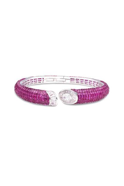 White Rhodium Finish Ruby Spinel Stone Cuff Bracelet In Sterling Silver