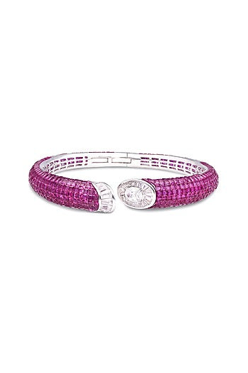 White Rhodium Finish Ruby Spinel Stone Cuff Bracelet In Sterling Silver