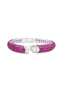 White Rhodium Finish Ruby Spinel Stone Cuff Bracelet In Sterling Silver